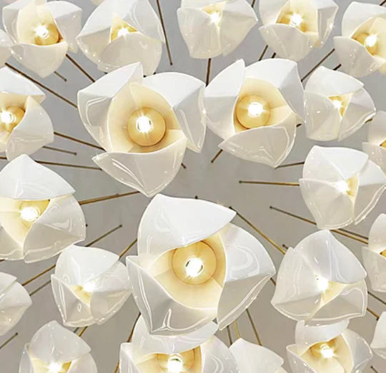 Rylight 3/9/18/32/36/70-Light Nordic Magnolia Flower Ceramics Pendant Long Chandelier