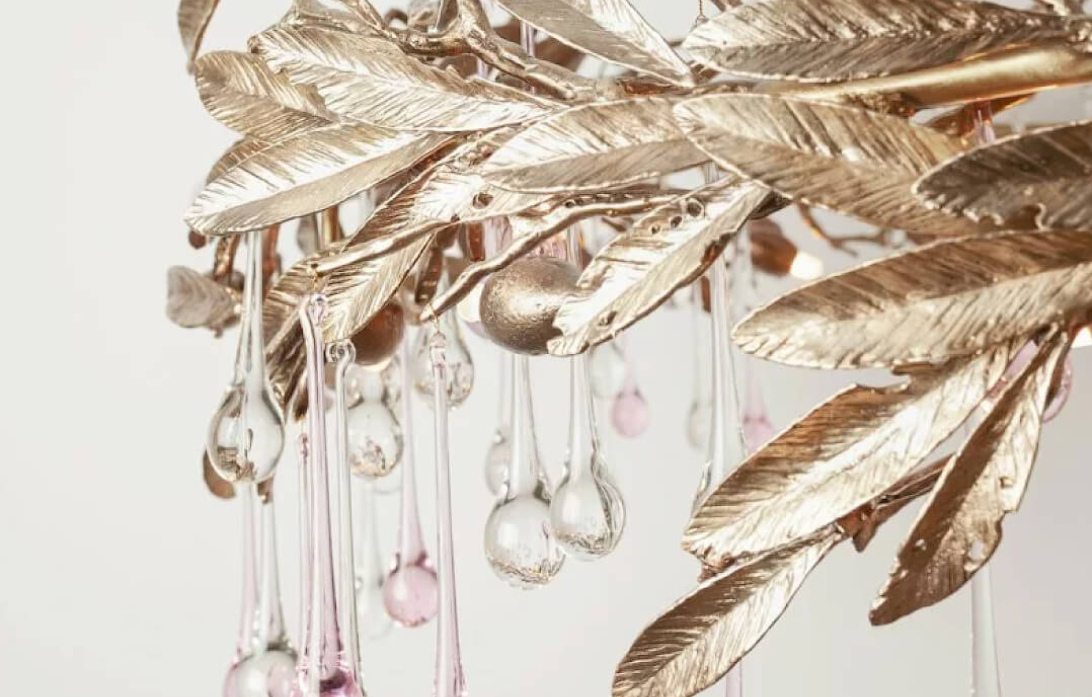 Rylight 8/12/16/18-Light Raindrop-Shape Crystal Chandelier With Leaf Branches in Gold Finish