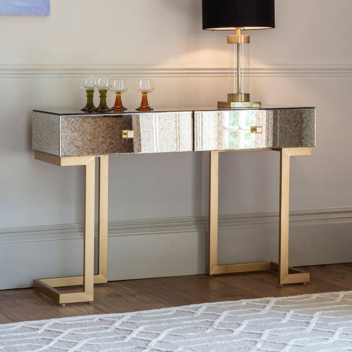 Modern 2 Drawer Mirrored Side Table With Gold Legs