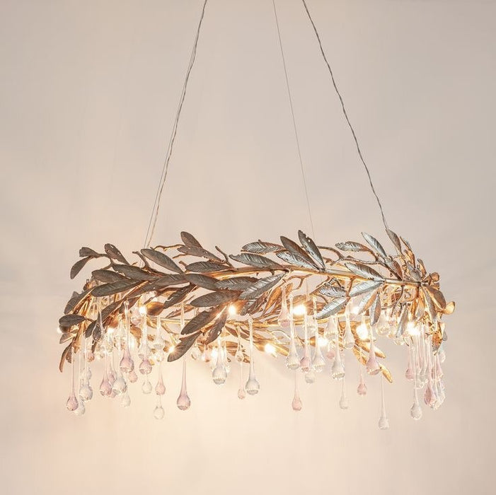 Rylight 8/12/16/18-Light Raindrop-Shape Crystal Chandelier With Leaf Branches in Gold Finish