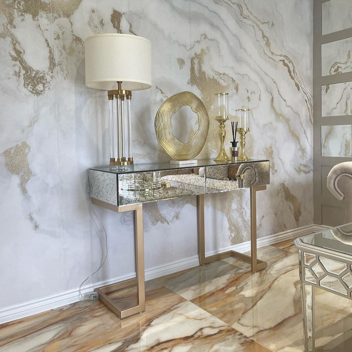 Modern 2 Drawer Mirrored Side Table With Gold Legs