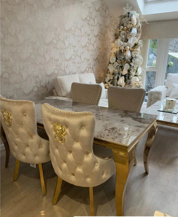 Luxe fluwelen eetkamerstoel in goud/chroom kleur