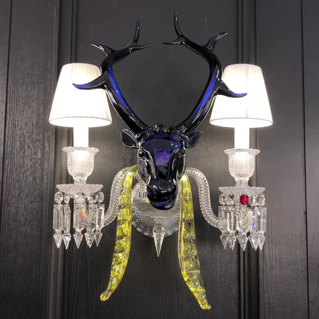 Traditional Colorful Candle Branch Blue Deer Wall Lamp